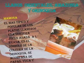 LLANOS  ORIENTALES, AMAZONIA Y ORINOQUIAMAMONAEl mas típico y popular de los platos llaneros una ternera joven asada  a l brasa, es el símbolo de la cultura de la Orinoquia, se acompaña de papas. Yuca y plátano 