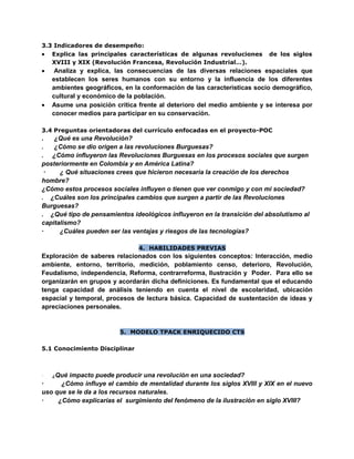 3.3 Indicadores de desempeño:
 Explica las principales características de algunas revoluciones de los siglos
XVIII y XIX (Revolución Francesa, Revolución Industrial…).
 Analiza y explica, las consecuencias de las diversas relaciones espaciales que
establecen los seres humanos con su entorno y la influencia de los diferentes
ambientes geográficos, en la conformación de las características socio demográfico,
cultural y económico de la población.
 Asume una posición crítica frente al deterioro del medio ambiente y se interesa por
conocer medios para participar en su conservación.
3.4 Preguntas orientadoras del currículo enfocadas en el proyecto-POC
. ¿Qué es una Revolución?
. ¿Cómo se dio origen a las revoluciones Burguesas?
. ¿Cómo influyeron las Revoluciones Burguesas en los procesos sociales que surgen
posteriormente en Colombia y en América Latina?
· ¿ Qué situaciones crees que hicieron necesaria la creación de los derechos
hombre?
¿Cómo estos procesos sociales influyen o tienen que ver conmigo y con mi sociedad?
. ¿Cuáles son los principales cambios que surgen a partir de las Revoluciones
Burguesas?
. ¿Qué tipo de pensamientos ideológicos influyeron en la transición del absolutismo al
capitalismo?
· ¿Cuáles pueden ser las ventajas y riesgos de las tecnologías?
4. HABILIDADES PREVIAS
Exploración de saberes relacionados con los siguientes conceptos: Interacción, medio
ambiente, entorno, territorio, medición, poblamiento censo, deterioro, Revolución,
Feudalismo, independencia, Reforma, contrarreforma, Ilustración y Poder. Para ello se
organizarán en grupos y acordarán dicha definiciones. Es fundamental que el educando
tenga capacidad de análisis teniendo en cuenta el nivel de escolaridad, ubicación
espacial y temporal, procesos de lectura básica. Capacidad de sustentación de ideas y
apreciaciones personales.
5. MODELO TPACK ENRIQUECIDO CTS
5.1 Conocimiento Disciplinar
· ¿Qué impacto puede producir una revolución en una sociedad?
· ¿Cómo influye el cambio de mentalidad durante los siglos XVIII y XIX en el nuevo
uso que se le da a los recursos naturales.
· ¿Cómo explicarías el surgimiento del fenómeno de la ilustración en siglo XVIII?
 