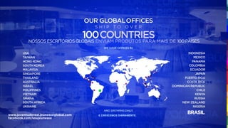 NOSSOSESCRITÓRIOSGLOBAIS ENVIAM PRODUTOS PARA MAIS DE 100PAÍSES
BRASILE CRESCEMOS DIARIAMENTE.www.juventudereal.jeunesseglobal.com
facebook.com/soujeunesse
 