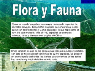 Flora y Fauna China es uno de los países con mayor número de especies de animales salvajes. Tiene 6.266 especies de vertebrados, de las que 2.404 son terrestres y 3.862 acuáticas, lo que representa el 10% del total mundial. Más de 100 especies de animales valiosos, raros y famosos son propias de China  China también es uno de los países más ricos en recursos vegetales. Tan sólo de flora superior tiene más de 32 mil especies. Se pueden ver en este país casi todas las plantas características de las zonas fría, templada y tropical del hemisferio norte.  