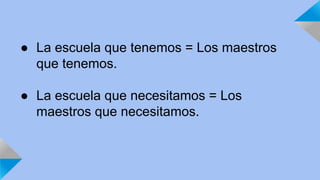 ● La escuela que tenemos = Los maestros 
que tenemos. 
● La escuela que necesitamos = Los 
maestros que necesitamos. 
 