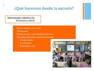 +
¿Qué hacemos desde la escuela?
Intervención colectiva (De
Noviembre a Abril)
Con la maestra en el aula:
•30 minutos
•Power points y actividades colectivas
•Abordan diferentes aspectos lectores:
• Comprensión
• Vocabulario
• Expressión oral
• …
 