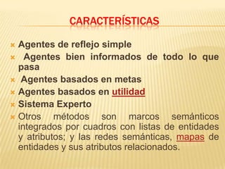 Agentes de reflejo simple Agentes bien informados de todo lo que pasa Agentes basados en metasAgentes basados en utilidadSistema ExpertoOtros métodos son marcos semánticos integrados por cuadros con listas de entidades y atributos; y las redes semánticas, mapas de entidades y sus atributos relacionados.características