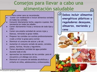 Debes incluir alimentos
energéticos plásticos y
reguladores desayuno,
almuerzo, merienda y
cena .
Consejos para llevar a cabo una
alimentación saludable
Para comer sano se recomienda:
● Comer con moderación e incluir alimentos variados
en todas las comidas.
● Consumir diariamente leche, yogures o quesos. Son
necesarios en todas las edades.
● Comer diariamente frutas y verduras de todo tipo y
color.
● Comer una amplia variedad de carnes rojas y
blancas, retirando la grasa visible.
● Preparar las comidas con aceites preferentemente
crudo y evitar la grasa para cocinar.
● Disminuir el consumo de azúcar y de sal.
● Aumentar el consumo variado de panes, cereales,
pastas, harinas, féculas y legumbres.
● Tomar abundante cantidad de agua potable
durante todo el día
● Aprovechar los momentos de las comidas para el
encuentro y el diálogo con otros.
● Disminuir el consumo de bebidas alcohólicas y
evitarlo en niños, adolescentes y embarazadas.
 