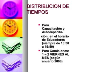 DISTRIBUCION DE
TIEMPOS

        Para
         Capacitación y
         Autocapacita-
        ción: en el horario
         de Educadores
         (siempre de 18:30
         a 19:50)
        Para Comisiones:
         1 – 2 VIERNES AL
         MES (según
         anuario 2008)
 