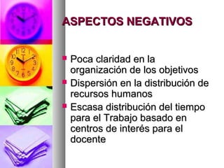 ASPECTOS NEGATIVOS


   Poca claridad en la
    organización de los objetivos
   Dispersión en la distribución de
    recursos humanos
   Escasa distribución del tiempo
    para el Trabajo basado en
    centros de interés para el
    docente
 
