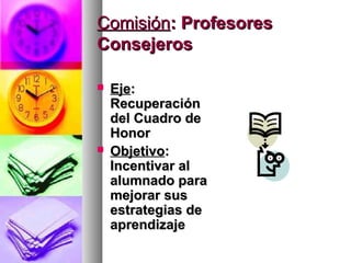 Comisión: Profesores
Consejeros

   Eje:
    Recuperación
    del Cuadro de
    Honor
   Objetivo:
    Incentivar al
    alumnado para
    mejorar sus
    estrategias de
    aprendizaje
 