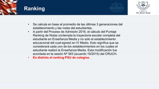 Ranking
• Se calcula en base al promedio de las últimas 3 generaciones del
establecimiento y las notas del estudiantes.
• A partir del Proceso de Admisión 2016, el cálculo del Puntaje
Ranking de Notas contempla la trayectoria escolar completa del
estudiante en Enseñanza Media y no solo el establecimiento
educacional del cual egresó en IV Medio. Esto significa que se
considerará cada uno de los establecimientos en los cuales el
estudiante realizó la Enseñanza Media. Esta modificación fue
acordada en la sesión Nº 563 (acuerdo 19/2015) del CRUCH.
• Es distinto al ranking PSU de colegios.
 