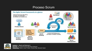 Proceso Scrum
Análisis y diseño de Sistemas II
Docente: Ing. David Enrique Mendoza Gutierrez
Integrantes: Nelson Josue Toledo, Andrea Rojo, Marcelo Calani
 