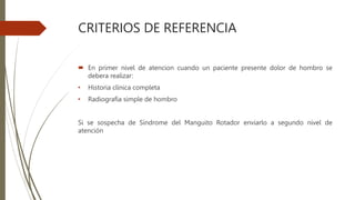 CRITERIOS DE REFERENCIA
 En primer nivel de atencion cuando un paciente presente dolor de hombro se
debera realizar:
• Historia clínica completa
• Radiografía simple de hombro
Si se sospecha de Síndrome del Manguito Rotador enviarlo a segundo nivel de
atención
 