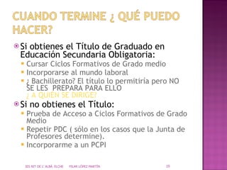 Si obtienes el Título de Graduado en Educación Secundaria Obligatoria:  Cursar Ciclos Formativos de Grado medio Incorporarse al mundo laboral ¿ Bachillerato? El título lo permitiría pero NO  SE LES  PREPARA PARA ELLO  ¿ A QUIÉN SE DIRIGE? Si no obtienes el Título:  Prueba de Acceso a Ciclos Formativos de Grado Medio Repetir PDC ( sólo en los casos que la Junta de Profesores determine). Incorporarme a un PCPI IES NIT DE L' ALBÀ. ELCHE  PILAR LÓPEZ MARTÍN 