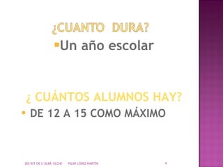 Un año escolar ¿ CUÁNTOS ALUMNOS HAY? DE 12 A 15 COMO MÁXIMO IES NIT DE L' ALBÀ. ELCHE  PILAR LÓPEZ MARTÍN 