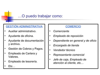 … O puedo trabajar como: GESTIÓN ADMINISTRATIVA Auxiliar administrativo. Ayudante de oficina. Ayudante de documentación y archivo. Gestión de Cobros y Pagos. Empleado de Cartera y  Valores. Empleado de tesorería. Etc… COMERCIO Comerciante Empleado de reposición Dependiente en general y de oficio Encargado de tienda Vendedor técnico Representante comercial Jefe de caja, Empleado de atención al cliente, e tc… 
