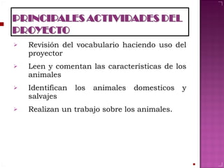 Revisión del vocabulario haciendo uso del proyector  Leen y comentan las características de los animales  Identifican los animales domesticos y salvajes  Realizan un trabajo sobre los animales. 