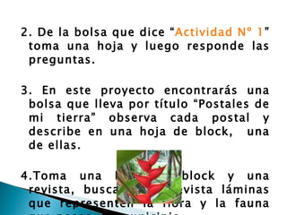   2.  De la bolsa que dice “ Actividad Nº 1 ” toma una hoja y luego responde las preguntas.  3. En este proyecto encontrarás una bolsa que lleva por título “Postales de mi tierra” observa cada postal y describe en una hoja de block,  una de ellas.    4.Toma una hoja de block y una revista, busca de la revista láminas que representen la flora y la fauna que posee  tu municipio.   
