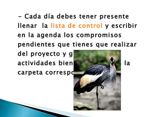 - Cada día debes tener presente llenar  la  lista de control  y escribir en la agenda los compromisos pendientes que tienes que realizar  del proyecto y guardar las actividades bien ordenadas en la carpeta correspondiente. 