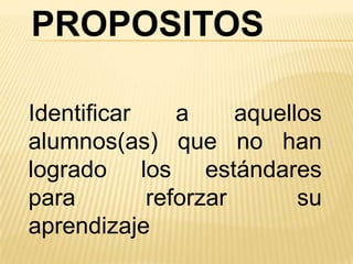 PROPOSITOS

Identificar    a     aquellos
alumnos(as) que no han
logrado los estándares
para        reforzar       su
aprendizaje
 