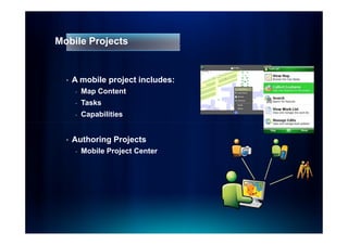Mobile Projects


  •   A mobile project includes:
      -   Map Content
      -   Tasks
      -   Capabilities


  •   Authoring Projects
      -   Mobile Project Center
 