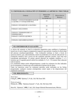 VI. CRONOGRAMA O DURACIÓN EN PERIODOS ACADÉMICOS POR UNIDAD

                   UNIDAD                           DURACIÓN            DURACIÓN EN
                                                     (HORAS               SEMANA
                                                   ACADEMICAS)
UNIDAD 1: LEYES FUNDAMENTALES DE
LA QUÍMICA Y ESTEQUIOMETRIA
                                                         12                    2

UNIDAD 2: ESTADOS DE LA MATERIA                          18                    3
UNIDAD 3: SOLUCIONES                                     12                    2
UNIDAD 4: TERMODINAMICA Y                                21                   3.5
TERMOQUIMICA
UNIDAD 5: CINÉTICA QUIMICA                               21                   3.5
UNIDAD 6: EQUILIBRIO QUIMICO                             18                    3


   VII. CRITERIOS DE EVALUACIÓN
A inicios del semestre se hará la evaluación diagnóstica para establecer el parámetro
inicial con el cual se haga la comparación respectiva que permita visualizar la efectividad
del proceso enseñanza-aprendizaje. Una evaluación continua se hará a través de
ejercicios diarios, que, adicionalmente, tienen un ponderado en la nota de cada parcial. La
evaluación sumativa será a través de dos exámenes parciales escritos, cuya nota será
considerada parcialmente. El primer parcial abarcará las unidades temáticas 1 a 3,
mientras que el segundo parcial cubrirá las unidades 4, 5 y 6. El examen final, abarcará
toda la materia.
Los estudiantes deben asistir obligatoriamente a rendir los exámenes los días indicados
en el cronograma, el mismo que será establecido el primer día de clases.
Tanto los ejercicios como los exámenes parciales serán realizados en las fechas
programadas, cualquier examen extemporáneo estará sujeto a las disposiciones del
reglamento pertinente.
   VIII. BIBLIOGRAFÍA

Texto base:
Chang R., 1999, “Química”, 6ª edi., Edi. Mc Graw Hill.

Textos de apoyo
Whitten K., 1992, “Química General”, 3ª edi., Edi. Mc Graw Hill.

Hein M., “Química”, 1992, 1ª edi., Edi. Grupo Editorial Iberoamericana, México.

                                      -----oo0oo-----


                                             6
 
