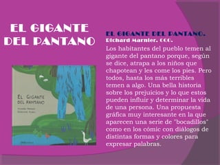 EL GIGANTE
DEL PANTANO

EL GIGANTE DEL PANTANO.
Richard Marnier. OQO.

Los habitantes del pueblo temen al
gigante del pantano porque, según
se dice, atrapa a los niños que
chapotean y les come los pies. Pero
todos, hasta los más terribles
temen a algo. Una bella historia
sobre los prejuicios y lo que estos
pueden influir y determinar la vida
de una persona. Una propuesta
gráfica muy interesante en la que
aparecen una serie de "bocadillos"
como en los cómic con diálogos de
distintas formas y colores para
expresar palabras.
 

 