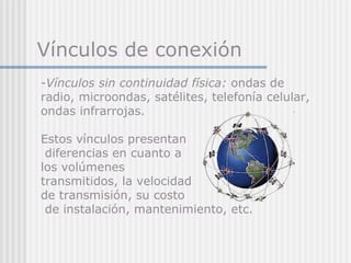 Vínculos de conexión Vínculos sin continuidad física:  ondas de radio, microondas, satélites, telefonía celular, ondas infrarrojas.  Estos vínculos presentan diferencias en cuanto a  los volúmenes  transmitidos, la velocidad  de transmisión, su costo de instalación, mantenimiento, etc. 