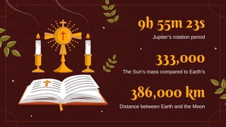 V
9h 55m 23s
Jupiter’s rotation period
333,000
The Sun’s mass compared to Earth’s
386,000 km
Distance between Earth and the Moon
 