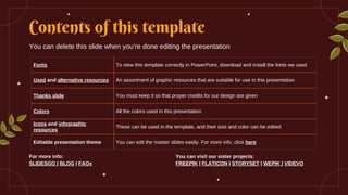 Contents of this template
Fonts To view this template correctly in PowerPoint, download and install the fonts we used
Used and alternative resources An assortment of graphic resources that are suitable for use in this presentation
Thanks slide You must keep it so that proper credits for our design are given
Colors All the colors used in this presentation
Icons and infographic
resources
These can be used in the template, and their size and color can be edited
Editable presentation theme You can edit the master slides easily. For more info, click here
You can delete this slide when you’re done editing the presentation
For more info:
SLIDESGO | BLOG | FAQs
You can visit our sister projects:
FREEPIK | FLATICON | STORYSET | WEPIK | VIDEVO
 