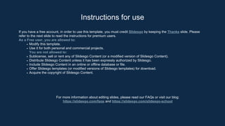 Instructions for use
If you have a free account, in order to use this template, you must credit Slidesgo by keeping the Thanks slide. Please
refer to the next slide to read the instructions for premium users.
As a Free user, you are allowed to:
Modify this template.
Use it for both personal and commercial projects.
You are not allowed to:
Sublicense, sell or rent any of Slidesgo Content (or a modified version of Slidesgo Content).
Distribute Slidesgo Content unless it has been expressly authorized by Slidesgo.
Include Slidesgo Content in an online or offline database or file.
Offer Slidesgo templates (or modified versions of Slidesgo templates) for download.
Acquire the copyright of Slidesgo Content.
For more information about editing slides, please read our FAQs or visit our blog:
https://slidesgo.com/faqs and https://slidesgo.com/slidesgo-school
 