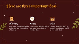 Here are three important ideas
Mercury
Mercury is the closest planet
to the Sun and the smallest
of them all
Venus
Venus has a beautiful name
and is the second planet
from the Sun
Mars
Despite being red, Mars is
actually a cold place. It’s full
of iron oxide dust
 