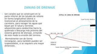 ZANJAS DE DRENAJE
• son canales que se construyen en la
parte inferior de los taludes de relleno
en forma longitudinal lateral o
transversal al alineamiento de la
carretera, para recoger las aguas que
bajan por el talud y terrenos
adyacentes para conducirlas hacia la
quebrada o descarga más próxima del
sistema general de drenaje, evitando
de este modo la erosión del terreno.
• Normalmente son de forma
rectangular, pero también pueden ser
trapezoidales, si se requiere una mayor
dimensión. Fuente: Manual de Hidrología, Hidráulica y
Drenaje.
 