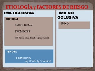 IMA OCLUSIVA IMA NO
OCLUSIVA
ARTERIAL
EMBOLÍGENA
TROMBOSIS
IFS (isquemia focal segmentaria)
VENOSA
TROMBOSIS
Ag /( Sub Ag/ Crónica)
IMNO
 