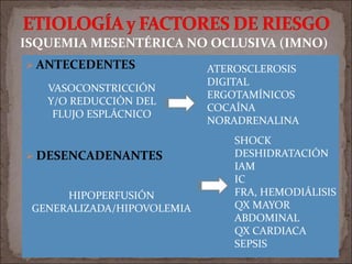  ANTECEDENTES
 DESENCADENANTES
ISQUEMIA MESENTÉRICA NO OCLUSIVA (IMNO)
VASOCONSTRICCIÓN
Y/O REDUCCIÓN DEL
FLUJO ESPLÁCNICO
ATEROSCLEROSIS
DIGITAL
ERGOTAMÍNICOS
COCAÍNA
NORADRENALINA
HIPOPERFUSIÓN
GENERALIZADA/HIPOVOLEMIA
SHOCK
DESHIDRATACIÓN
IAM
IC
FRA, HEMODIÁLISIS
QX MAYOR
ABDOMINAL
QX CARDIACA
SEPSIS
 