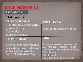  TAC con CIV:
RADIOLOGÍA
TROMBOSIS AMS
Stop abrupto del vaso entre
3-10 cm del origen
Colaterales
Placas calcificadas
EMBOLIA AMS
Muesca radioopaca en la luz
TROMBOSIS AMS
Stop venoso de mayor longitud
Aumento de diámetro del vaso
El aumento de grosor de la
pared int. Es más marcado
IMNO
Afectación más generalizada de las
asas intestinales (delgado> colon)
Disminución del calibre de las venas,
VCI aplanada.
“Shock bowell”
Signo de la diana de las asas int.
 