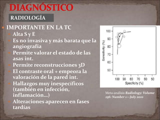  IMPORTANTE EN LA TC
 Alta S y E
 Es no invasiva y más barata que la
angiografía
 Permite valorar el estado de las
asas int.
 Permite reconstrucciones 3D
 El contraste oral + empeora la
valoración de la pared int.
 Hallazgos muy inespecíficos
(también en infección,
inflamación…)
 Alteraciones aparecen en fases
tardías
RADIOLOGÍA
Meta-análisis Radiology: Volume
256: Number 1—July 2010
 