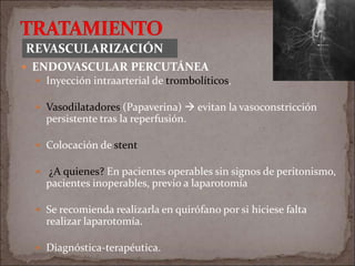  ENDOVASCULAR PERCUTÁNEA
 Inyección intraarterial de trombolíticos,
 Vasodilatadores (Papaverina)  evitan la vasoconstricción
persistente tras la reperfusión.
 Colocación de stent
 ¿A quienes? En pacientes operables sin signos de peritonismo,
pacientes inoperables, previo a laparotomía
 Se recomienda realizarla en quirófano por si hiciese falta
realizar laparotomía.
 Diagnóstica-terapéutica.
REVASCULARIZACIÓN
 