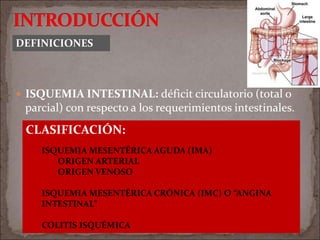  ISQUEMIA INTESTINAL: déficit circulatorio (total o
parcial) con respecto a los requerimientos intestinales.
DEFINICIONES
CLASIFICACIÓN:
ISQUEMIA MESENTÉRICA AGUDA (IMA)
ORIGEN ARTERIAL
ORIGEN VENOSO
ISQUEMIA MESENTÉRICA CRÓNICA (IMC) O “ANGINA
INTESTINAL”
COLITIS ISQUÉMICA
 