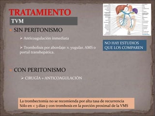  SIN PERITONISMO
 CON PERITONISMO
TVM
 Anticoagulación inmediata
 Trombolisis por abordaje: v. yugular, AMS o
portal transhepática.
NO HAY ESTUDIOS
QUE LOS COMPAREN
 CIRUGÍA + ANTICOAGULACIÓN
La trombectomía no se recomienda por alta tasa de recurrencia
Sólo en < 3 días y con trombosis en la porción proximal de la VMS.
 