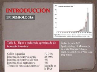 EPIDEMIOLOGÍA
Stefan Acosta, MD.
Epidemiology of Mesenteric
Vascular Disease: Clinical
Implications. Semin Vasc Surg
23:4-8:2010
 