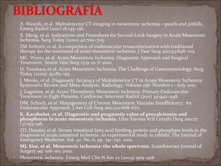  A. Wasnik, et al. Multidetector CT imaging in mesenteric ischemia—pearls and pitfalls.
Emerg Radiol (2011) 18:145–156.
 X. Meng, et al. Indications and Procedures for Second-Look Surgery in Acute Mesenteric
Ischemia. Surg Today (2010) 40:700–705.
 ZM Arthurs, et al. A comparison of endovascular revascularization with traditional
therapy for the treatment of acute mesenteric ischemia. J Vasc Surg 2011;53:698-705.
 MC. Wyers, et al. Acute Mesenteric Ischemia: Diagnostic Approach and Surgical
Treatment. Semin Vasc Surg 23:9-20 © 2010.
 H. Yasuhara, et al. Acute Mesenteric Ischemia: The Challenge of Gastroenterology. Surg
Today (2005) 35:185–195 .
 J. Menke, et al. Diagnostic Accuracy of Multidetector CT in Acute Mesenteric Ischemia:
Systematic Review and Meta-Analysis. Radiology: Volume 256: Number 1—July 2010.
 J. Gagniere, et al. Acute Thrombotic Mesenteric Ischemia: Primary Endovascular
Treatment in Eight Patients. Cardiovasc Intervent Radiol (2011) 34:942–948.
 DM. Schoch, et al. Management of Chronic Mesenteric Vascular Insufficiency: An
Endovascular Approach. J Am Coll Surg 2011;212:668–677.
 K. Karabulut, et al. Diagnostic and prognostic value of procalcitonin and
phosphorus in acute mesenteric ischemia. Ulus Travma Acil Cerrahi Derg 2011;17
(3):193-198.
 ZD. Dundar, et al. Serum intestinal fatty acid binding protein and phosphate levels in the
diagnosis of acute intestinal ischemia: an experimental study in rabbits. The Journal of
Emergency Medicine, Vol. 42, No. 6, pp. 741–747, 2012.
 MJ. Sise, et al. Mesenteric ischemia: the whole spectrum. Scandinavian Journal of
Surgery 99: 106–110, 2010.
 Mesenteric ischemia. Emerg Med Clin N Am 22 (2004) 909–928
 