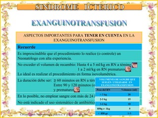 Criação Ria Slides ASPECTOS IMPORTANTES PARA  TENER EN CUENTA  EN LA EXANGUINOTRANSFUSION Ceriani,  José. Neonatología práctica. 4ª Ed,  2009;  pág 566 EXANGUINOTRANSFUSION Recuerde Es imprescindible que el procedimiento lo realice (o controle) un Neonatólogo con alta experiencia. No exceder el volumen de recambio: Hasta 4 a 5 ml/kg en RN a témino 1 a 2 ml/kg en RN prematuros Lo ideal es realizar el procedimiento en forma isovolumétrica.  La duración debe ser:  ≥  60 minutos en RN a término  Entre 90 y 120 minutos (o más) en RN inestables y prematuros  En lo posible, no emplear sangre con más de 24 hrs de depósito. No está indicado el uso sistemático de antibióticos. VOLUMENES DE SANGRE QUE SUELEN  UTILIZARSE  EN  EXANGUINOTRANSFUSION Peso del RN  Volumen (ml) > 3 kg  20 2-3 kg  15 1-2 kg  10 850g r- 1kg  5 <  850 gr  1-3 