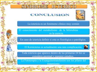 CONCLUSION El Kernicterus es actualmente una rara complicación. La ictericia es un fenómeno clínico muy común El  conocimiento  del  metabolismo  de  la  bilirrubina  es la  esencia. Toda ictericia que aparece dentro de las primeras 24 hrs se considera anormal y requiere estudios.  En caso de ictericia definir si esta es fisiológica o patológica.  La Fototerapia y la Exanguinotransfusión son los pilares del tratamiento 