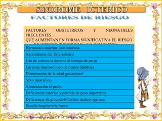Criação Ria Slides FACTORES DE RIESGO FACTORES OBSTETRICOS Y NEONATALES FRECUENTES  QUE AUMENTAN EN FORMA SIGNIFICATIVA EL RIESGO DE HIPERBILIRRUBINEMIA NO HEMOLITICA  Ceriani,  José. Neonatología práctica. 4ª Ed,  2009;  pág 562. Hermana/o anterior  con ictericia Ascendencia del Este asi ático Uso de oxitocina durante el trabajo de parto Lactante macrosómico de madre diabética Disminución de la edad gestacional Sexo masculino Alimentación al pecho Deficiencia calórica y pérdida de peso importante Deficiencia de glucosa-6-fosfato deshidrogenasa Estadía hospitalaria breve 