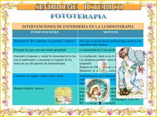 Criação Ria Slides FOTOTERAPIA INTERVENCIONES DE ENFERMERIA EN LA LUMINOTERAPIA INTERVENCIONES  MOTIVOS Desnudar al  RN; mantener los genitales cubiertos Para que la acción de la luminoterapia alcance una superficie más extensa Proteger los ojos con una venda apropiada La intensidad de la luz puede lesionar la retina Encender el aparato y medir la intensidad de la luz con el radiómetro, o mantener el registro de las horas de uso del aparato de luminoterapia  La irradiación  ideal es de 8-15  microvatios/cm2/nm.  Las lámparas pierden  parte de su acción terapéutic déspues de 200 hrs de uso y deben cambiarse. Mantener  la  distancia  correcta  del  RN: fluorescente a 30-35 cm y halógena a 50 cm. Controlar los signos vitales cada 2 horas Monitorización de la hemodinámica. Importante control de temperatura por la tendencia a la hipertermia Balance hídrico  estricto La pérdida insensible de agua es aprox. 40% con fototerapia. Importante controlar diuresis e hidratación del RN. Aumento del aporte hídrico:  RN < 1500 gr, aumentar  0,5 ml/kg/h;  y en  los  RN > 1500 gr,  1 ml/kg/h 