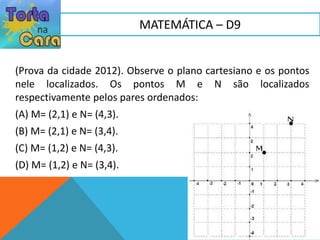 (Prova da cidade 2012). Observe o plano cartesiano e os pontos
nele localizados. Os pontos M e N são localizados
respectivamente pelos pares ordenados:
(A) M= (2,1) e N= (4,3).
(B) M= (2,1) e N= (3,4).
(C) M= (1,2) e N= (4,3).
(D) M= (1,2) e N= (3,4).
MATEMÁTICA – D9
 