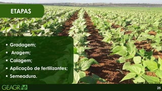 Gradagem;
ETAPAS
25
Aragem;
Calagem;
Aplicação de fertilizantes;
Semeadura.
Fonte: Canva, 2025.
 