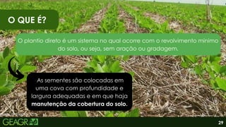 O QUE É?
O plantio direto é um sistema no qual ocorre com o revolvimento mínimo
do solo, ou seja, sem aração ou gradagem.
As sementes são colocadas em
uma cova com profundidade e
largura adequadas e em que haja
manutenção da cobertura do solo.
29
Fonte: Embrapa, 2023.
 