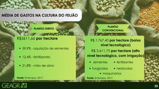 MÉDIA DE GASTOS NA CULTURA DO FEIJÃO
PLANTIO DIRETO
PLANTIO
CONVENCIONAL
R$3611,66 por hectare
59,9% - aquisição de sementes
12,4% - fertilizantes
21,8% - mão de obra
Fonte: Embrapa, 2017.
R$ 1.767,40 por hectare (baixo
nível tecnológico)
R$ 3.611,75 por hectare (alto
nível tecnológico, com irrigação)
sementes fertilizantes
fungicidas herbicidas
maquinários
35
Fonte: Embrapa, 2017.
 