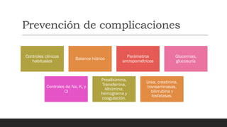 Prevención de complicaciones
Controles clínicos
habituales
Balance hídrico
Parámetros
antropométricos
Glucemias,
glucosuría
Controles de Na, K, y
Cl
Prealbúmina,
Transferrina,
Albúmina,
hemograma y
coagulación.
Urea, creatinina,
transaminasas,
bilirrubina y
fosfatasas.
 