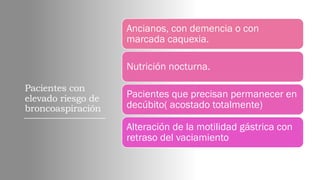Pacientes con
elevado riesgo de
broncoaspiración
Ancianos, con demencia o con
marcada caquexia.
Nutrición nocturna.
Pacientes que precisan permanecer en
decúbito( acostado totalmente)
Alteración de la motilidad gástrica con
retraso del vaciamiento
 