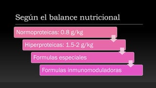 Según el balance nutricional
Normoproteicas: 0.8 g/kg
Hiperproteicas: 1.5-2 g/kg
Formulas especiales
Formulas inmunomoduladoras
 